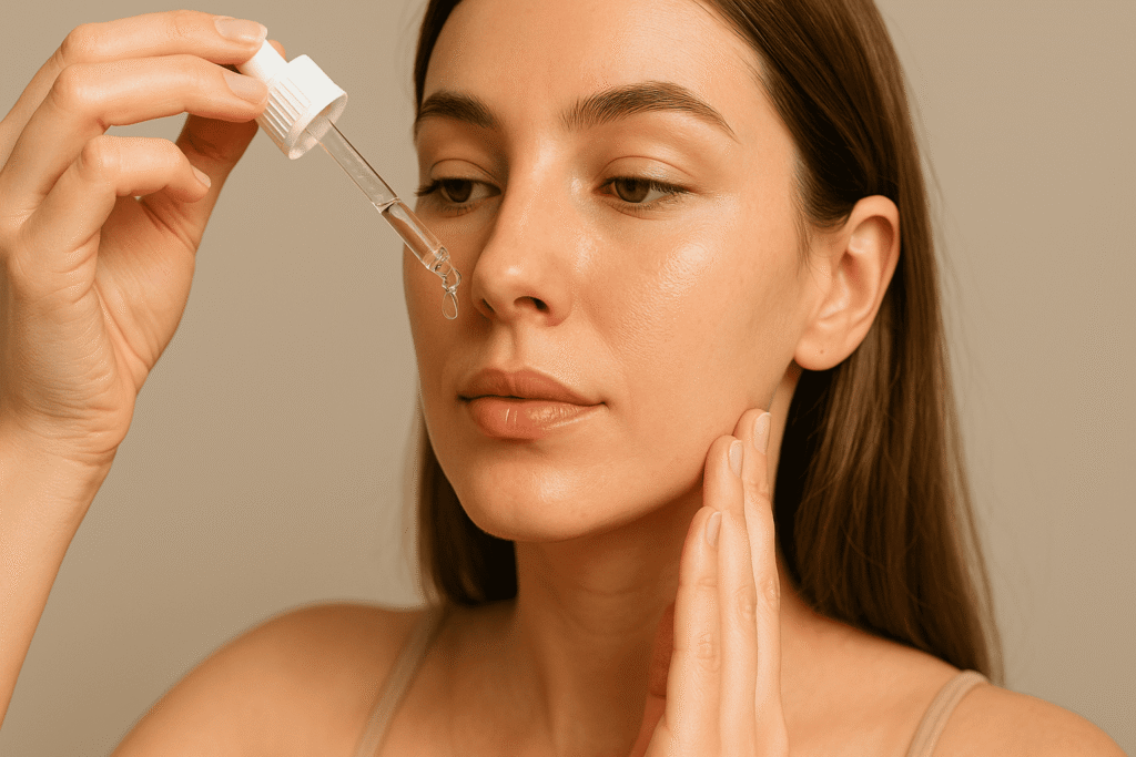 Una mujer joven aplica cuidadosamente un sérum en su rostro con la ayuda de un gotero, mientras su piel luce limpia, luminosa y sin exceso de brillo. Esta escena representa perfectamente el cuidado ideal para quienes se preguntan: ¿Qué protector solar es mejor para piel grasa? Porque antes de aplicar el protector, es fundamental tener una rutina equilibrada como esta. La imagen transmite una sensación de frescura, salud y control del sebo, lo cual es clave para elegir un protector solar que no obstruya los poros y mantenga la piel mate durante el día.