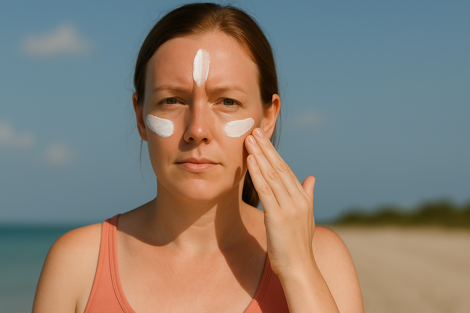 En esta imagen vemos a una mujer aplicándose cuidadosamente protector solar en el rostro, mientras disfruta de un día soleado en la playa. Su piel luce limpia, sin enrojecimiento ni brillo excesivo, lo cual representa el uso correcto de un producto adecuado. Esta escena responde visualmente a la pregunta clave: ¿Qué protector solar es mejor para piel grasa?. La textura del protector que aplica indica una fórmula ligera, sin residuos, ideal para pieles grasas que buscan protección sin obstruir los poros ni generar más sebo.