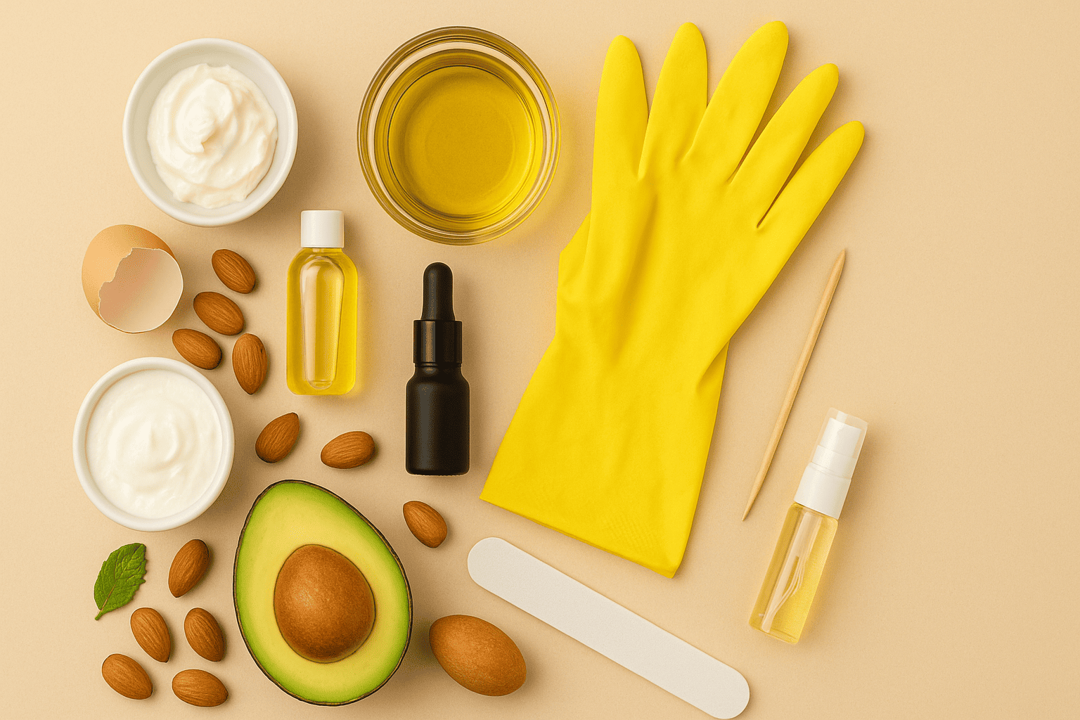 En la imagen se observan diversos ingredientes naturales como aguacate, almendras, aceites esenciales, crema hidratante y una lima de uñas, todos dispuestos sobre una superficie beige clara. También hay guantes amarillos, que sugieren protección durante los tratamientos. Esta escena representa perfectamente las 10 maneras de hidratar uñas quebradizas, ya que incluye elementos ricos en nutrientes que ayudan a fortalecer y nutrir tanto las uñas como las cutículas de forma natural. Perguntar ao ChatGPT