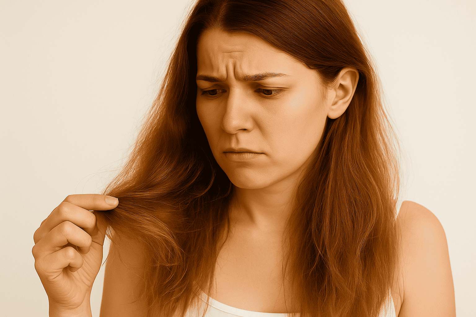 En esta imagen vemos a una mujer joven observando con preocupación las puntas de su cabello visiblemente reseco y quebradizo. Su expresión refleja frustración, típica de quienes se preguntan: ¿Cuál es el mejor tratamiento para cabellos dañados?. El cabello luce opaco, deshidratado y sin vida, lo que refuerza la urgencia de encontrar una solución efectiva. Esta escena ilustra perfectamente la necesidad de tratamientos intensivos como mascarillas nutritivas, aceites reparadores o keratina, esenciales para devolverle la salud al cabello maltratado.