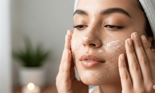 La imagen muestra a una mujer de piel clara y cabello oscuro, con una toalla blanca envuelta alrededor de la cabeza, exfoliándose suavemente el rostro. Tiene los ojos cerrados y una expresión serena, mientras sus manos aplican delicadamente sobre su piel un producto exfoliante blanco, visiblemente con pequeñas partículas.

El fondo es suave y difuminado, lo que sugiere un ambiente limpio y relajante, como un spa o un baño bien iluminado, con un toque de luz cálida proveniente de una vela u objeto luminoso en la esquina inferior izquierda, y una planta verde difuminada al fondo. La iluminación es suave y natural, resaltando la textura de la piel y el producto.