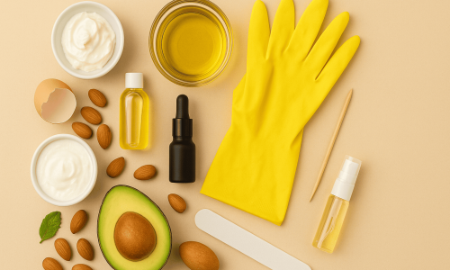En la imagen se observan diversos ingredientes naturales como aguacate, almendras, aceites esenciales, crema hidratante y una lima de uñas, todos dispuestos sobre una superficie beige clara. También hay guantes amarillos, que sugieren protección durante los tratamientos. Esta escena representa perfectamente las 10 maneras de hidratar uñas quebradizas, ya que incluye elementos ricos en nutrientes que ayudan a fortalecer y nutrir tanto las uñas como las cutículas de forma natural.









 
