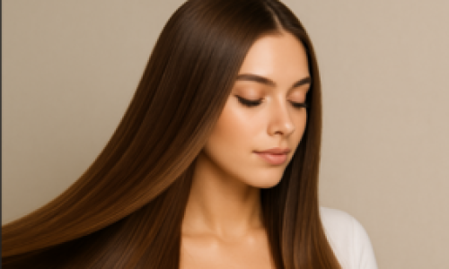 Una mujer joven aparece en primer plano, con los ojos cerrados y una expresión tranquila. Su cabello largo, liso y castaño cae con suavidad por su hombro, mostrando un brillo sedoso y perfectamente alineado. El fondo beige neutro resalta aún más la textura impecable de su melena. La imagen representa visualmente la pregunta ¿Cómo dejar el cabello sedoso?, transmitiendo salud, cuidado y belleza capilar natural.
 