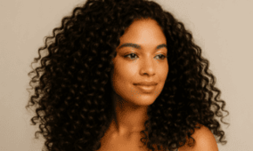 Una mujer joven con piel morena y rasgos afrodescendientes luce una melena rizada abundante, brillante y perfectamente definida. Su cabello cae con suavidad sobre sus hombros, reflejando luz y mostrando una textura sedosa y saludable. Ella sonríe levemente, transmitiendo confianza y bienestar. El fondo neutro y cálido resalta aún más la belleza natural de su cabello. Esta imagen es ideal para ilustrar el tema 12 Dicas para Tener el Cabello Sedoso, ya que representa el resultado visual de un cuidado capilar efectivo y amoroso.

