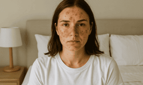 Una mujer joven con expresión seria está sentada en la cama de un dormitorio iluminado con luz natural. Lleva una camiseta blanca sencilla y tiene manchas oscuras visibles en el rostro, especialmente en las mejillas y la frente. El cuarto es minimalista, con una pared beige clara, una lámpara de mesa de madera y cojines blancos. La imagen transmite preocupación y naturalidad, ideal para ilustrar el tema ¿Cómo quitar manchas de la cara rápido?

