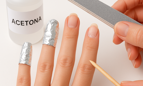 mano femenina mostrando el proceso paso a paso de cómo quitar las uñas acrílicas en casa. En la imagen se observan utensilios caseros como papel aluminio, acetona, lima de uñas y palito de naranjo. Una uña está envuelta en papel aluminio, otra ya ha sido limada, y una tercera muestra restos de acrílico siendo retirados suavemente con un palito. El fondo es limpio y bien iluminado, transmitiendo una sensación de cuidado personal y belleza en el hogar. crie uma iamgem com essa descriçao


