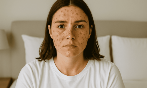 En la imagen observamos a una joven con manchas visibles y marcas de acné en el rostro, sentada en un ambiente tranquilo y neutro. Su expresión es seria, reflejando la frustración que muchas personas sienten al lidiar con imperfecciones cutáneas. Esta escena ilustra perfectamente la búsqueda de muchas personas que se preguntan: cómo quitar manchas de la cara rápido. La imagen transmite de forma honesta y directa la necesidad de soluciones efectivas y reales para mejorar la apariencia de la piel en poco tiempo.









 