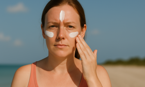 En esta imagen vemos a una mujer aplicándose cuidadosamente protector solar en el rostro, mientras disfruta de un día soleado en la playa. Su piel luce limpia, sin enrojecimiento ni brillo excesivo, lo cual representa el uso correcto de un producto adecuado. Esta escena responde visualmente a la pregunta clave: ¿Qué protector solar es mejor para piel grasa?. La textura del protector que aplica indica una fórmula ligera, sin residuos, ideal para pieles grasas que buscan protección sin obstruir los poros ni generar más sebo.









 